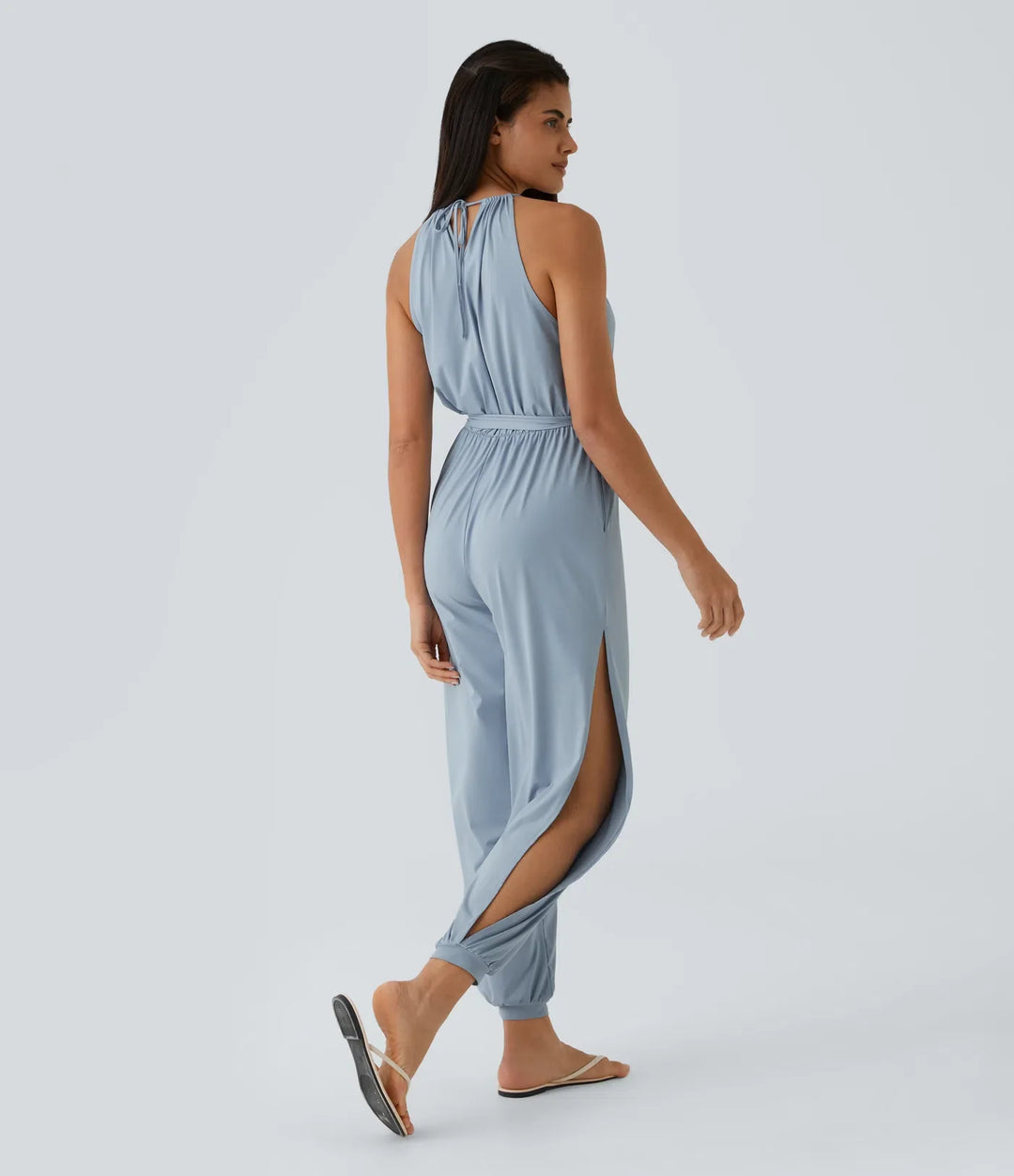 Ärmlös knytning i ryggen bältad ficka skuren-ut InstantCool jumpsuit-UPF50+