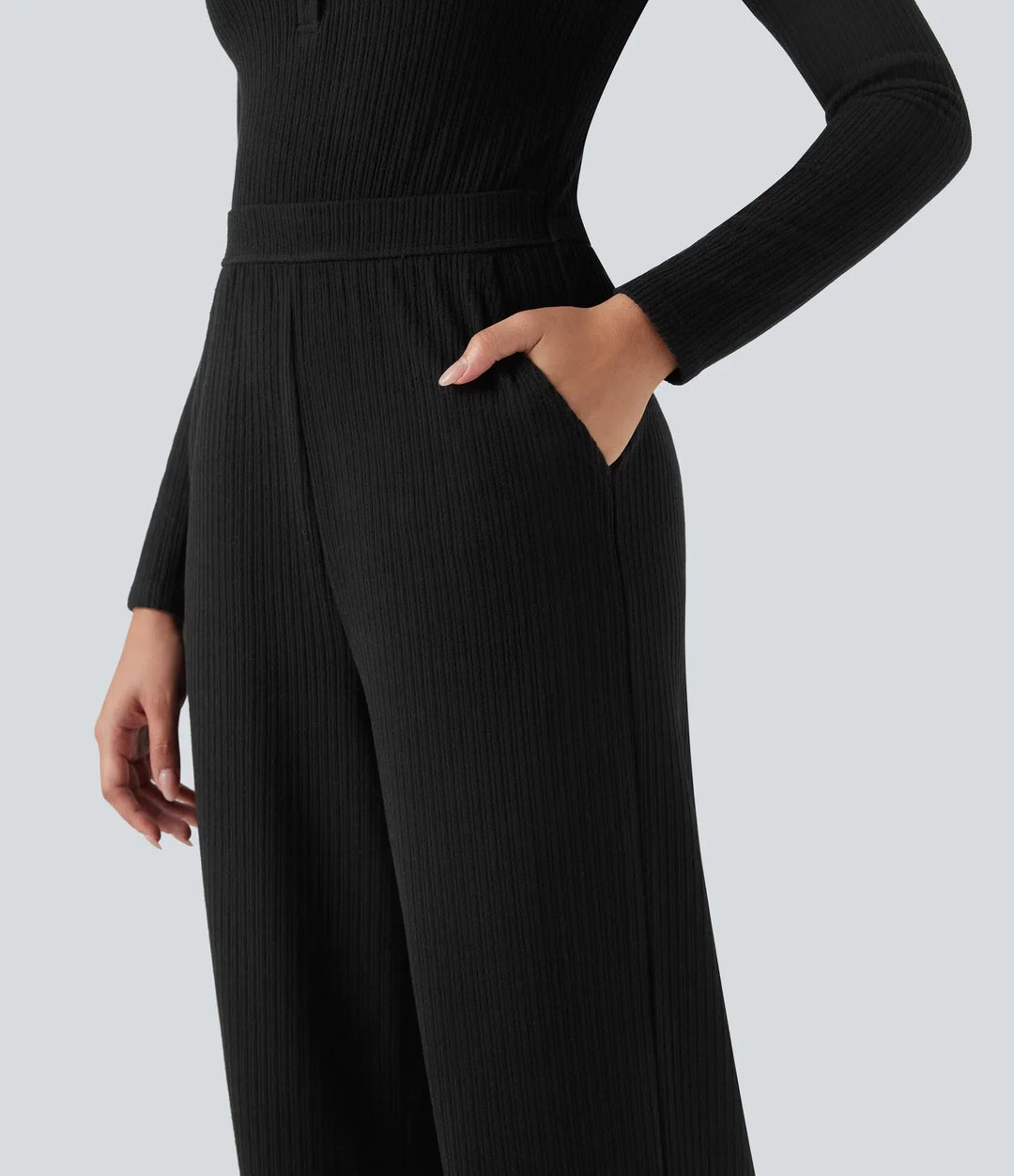 Ribbad henley långärmad vardaglig jumpsuit med fickor-Easy Peezy