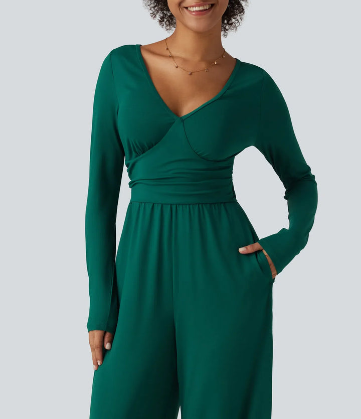 V-ringad långärmad rynkat vida ben vardaglig jumpsuit med fickor-Easy Peezy Edition