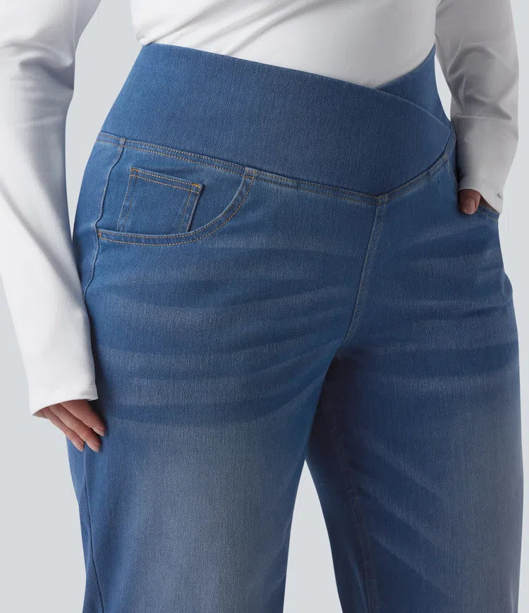 Halara Flex omlott med hög midja och magkontroll för vardag raka ben jeans i plusstorlek med fickor