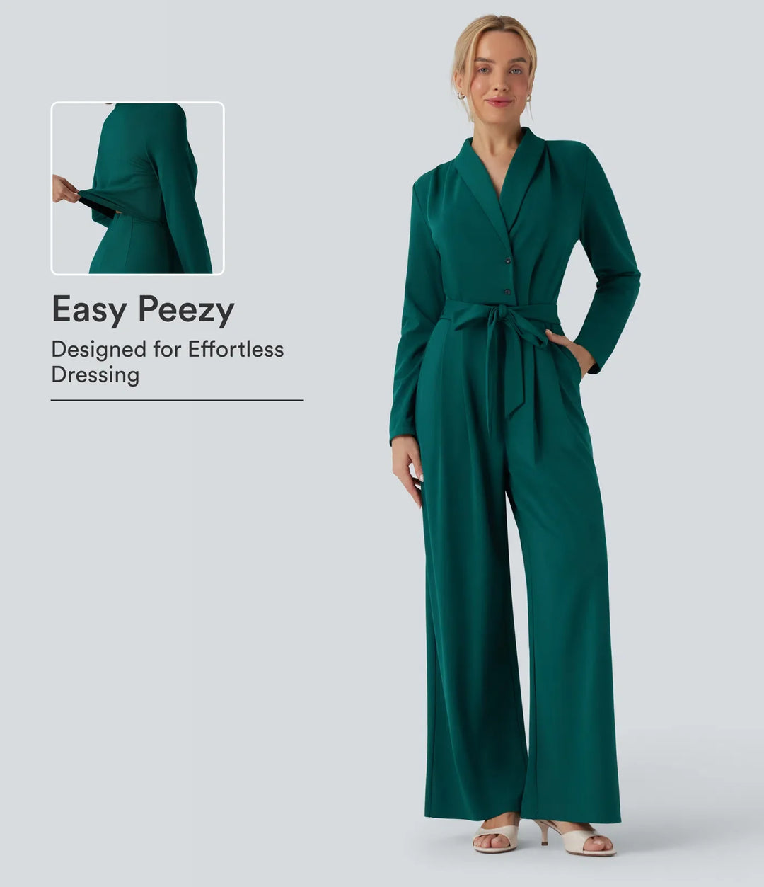 V-ringad långärmad bältad jumpsuit med fickor-Easy Peezy