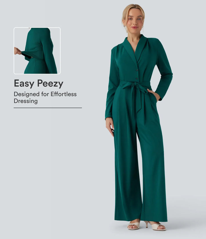 V-ringad långärmad bältad jumpsuit med fickor-Easy Peezy