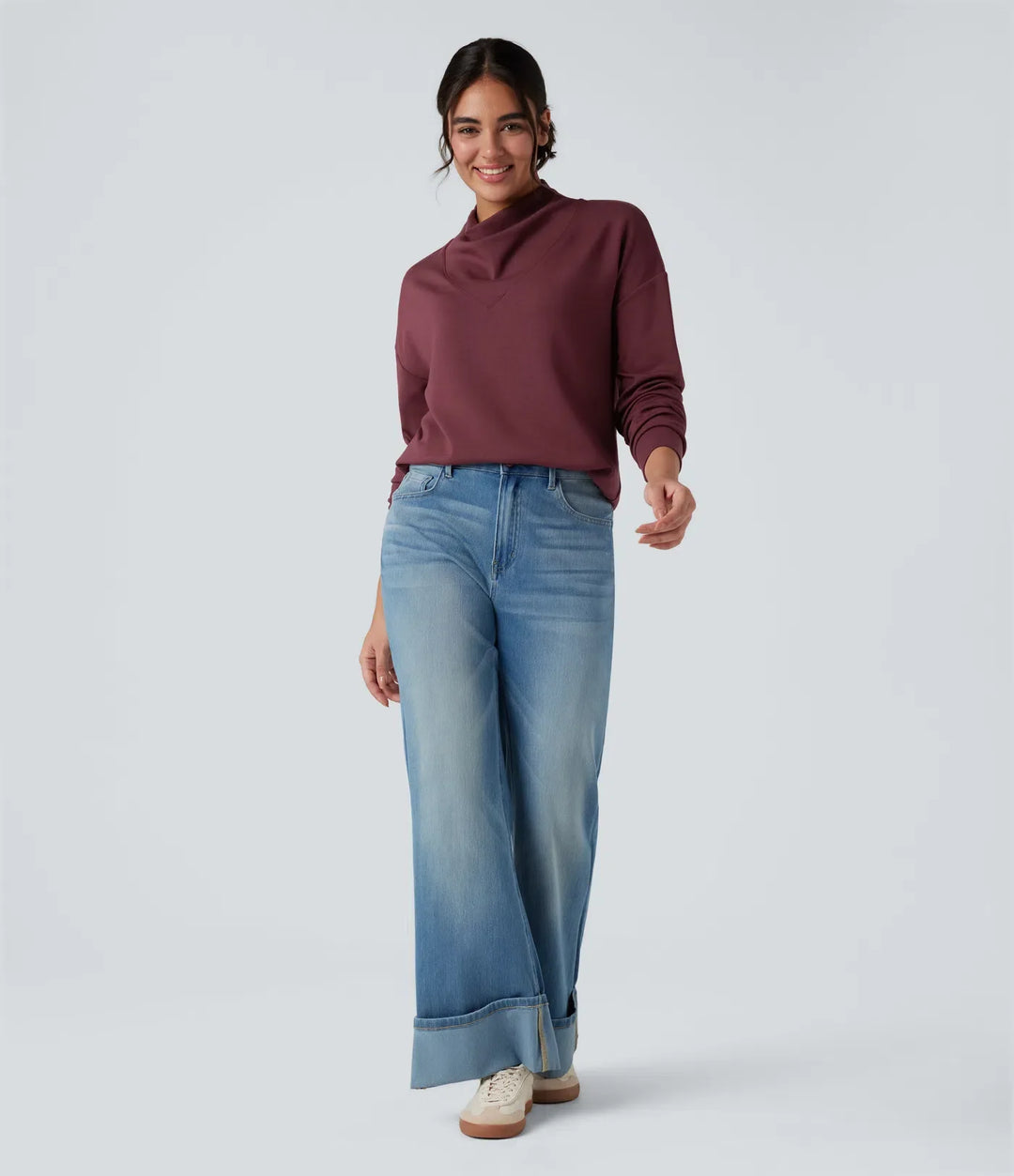 SpacerTek draperad hals långärmad vardaglig sweatshirt