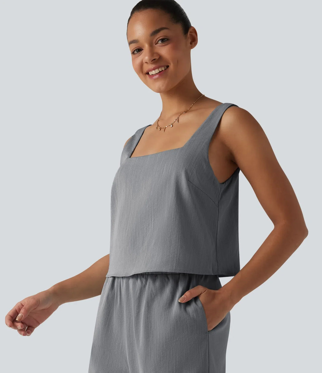 Fyrkantig halsringning ärmlös resort linnekänsla jumpsuit med fickor-Easy Peezy