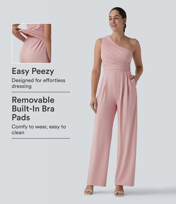 Enaxlad ärmlös rynkat inbyggd BH vardaglig jumpsuit med fickor-Easy Peezy