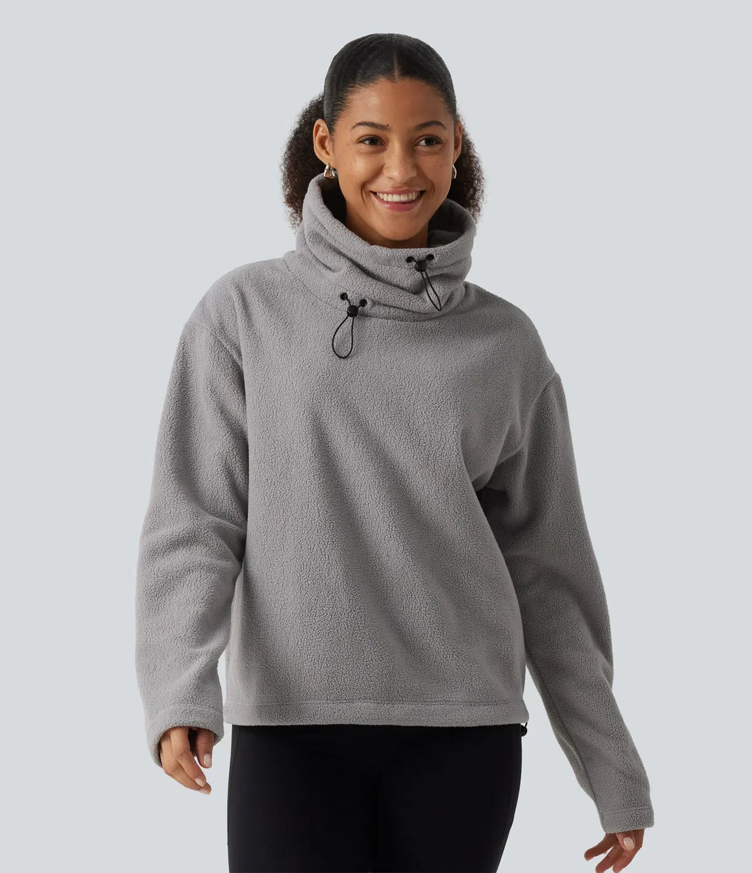 Hög hals dragsko långärmad rynksöm i fållen fleece vardaglig sweatshirt