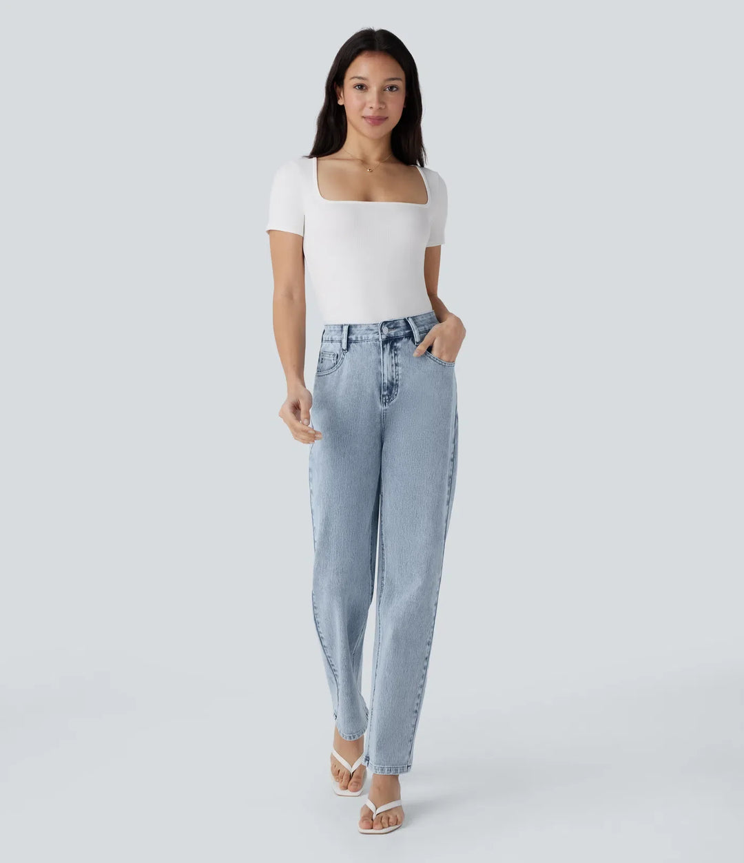 Lyckera Flex högmidjad dragkedja fickor raka ben vardagsjeans