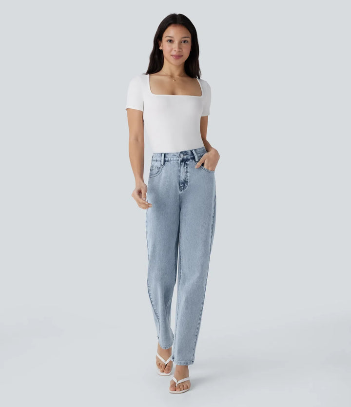 Lyckera Flex högmidjad dragkedja fickor raka ben vardagsjeans