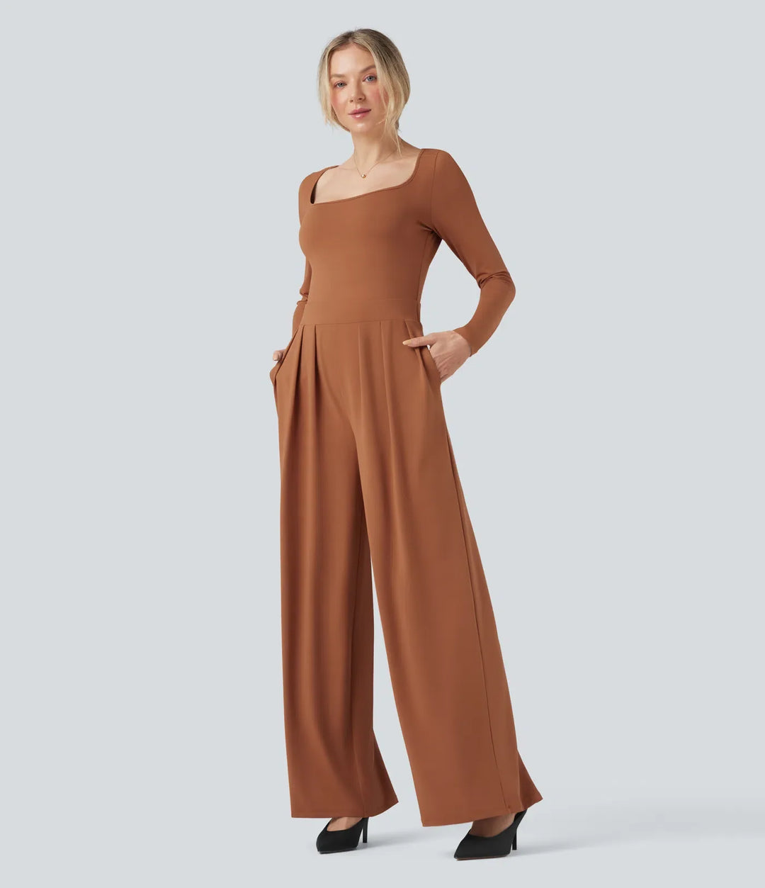 U-ringad långärmad vida ben vardaglig jumpsuit med fickor