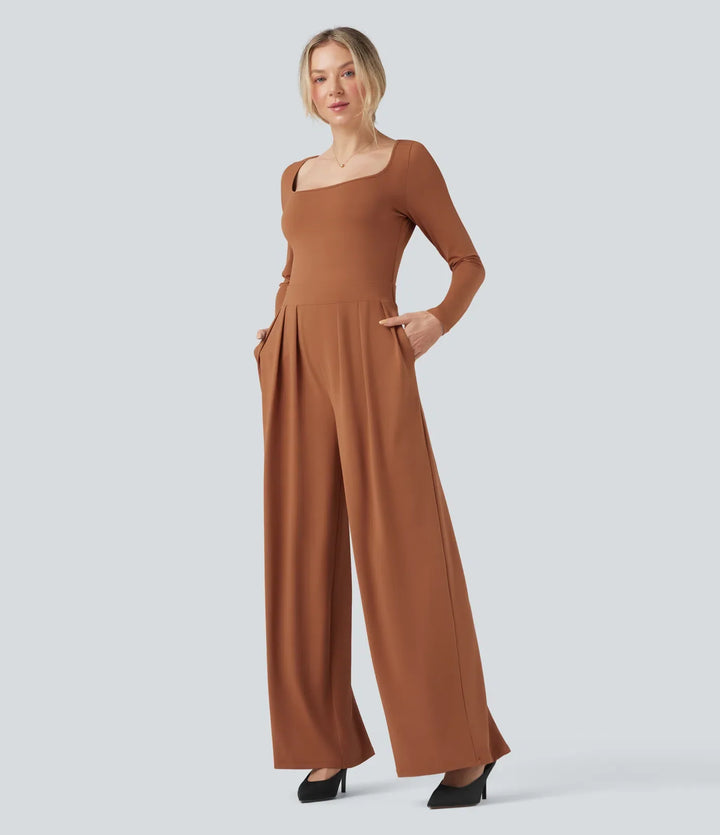 U-ringad långärmad vida ben vardaglig jumpsuit med fickor