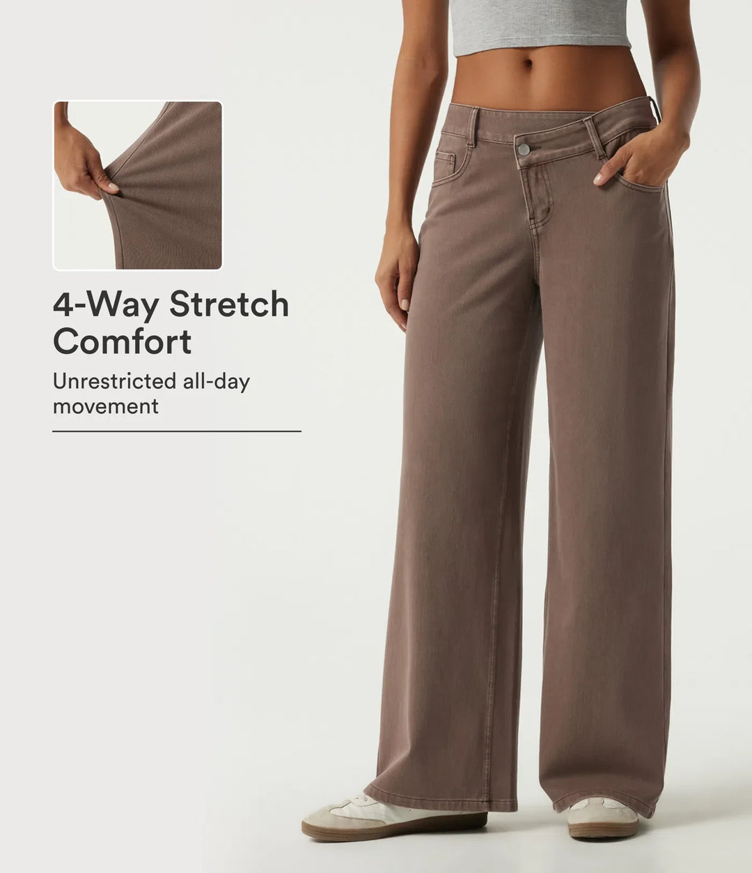 Lyckera Flex låg midja asymmetrisk vida ben färgstark vardagsjeans med fickor