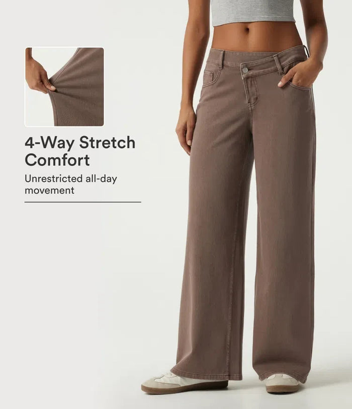 Lyckera Flex låg midja asymmetrisk vida ben färgstark vardagsjeans med fickor