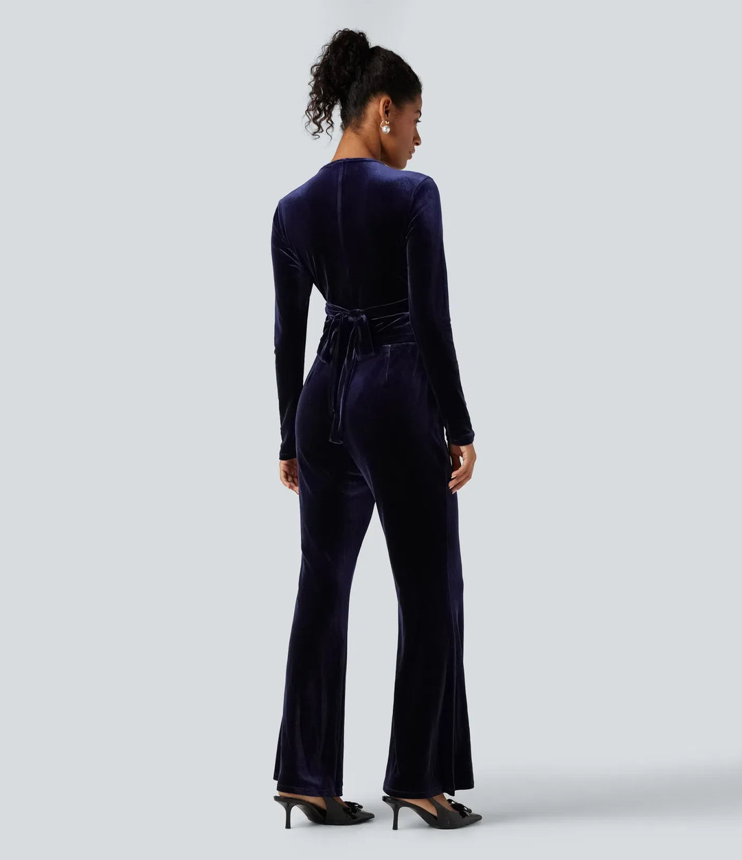 Djup V-ringning långärmad vriden knytning i ryggen sammet fest jumpsuit med fickor-Easy Peezy