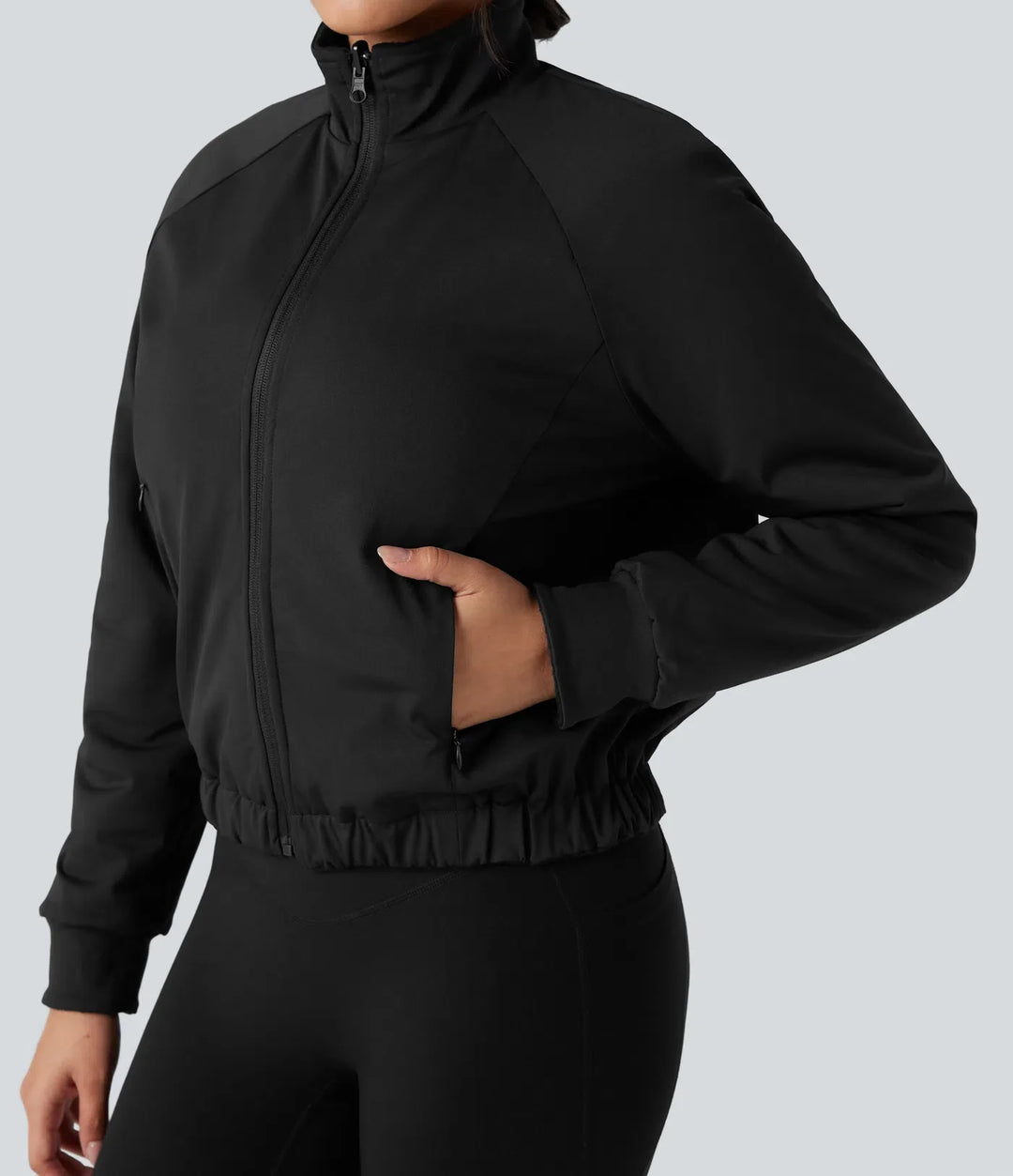 Vändbar hög hals långärmad fleece vandringsjacka med fickor (två looks i en)