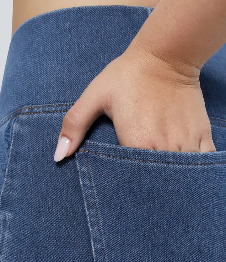 Halara Flex med hög midja, omlottmidja och ficka tvättad vardagsjeans i plusstorlek