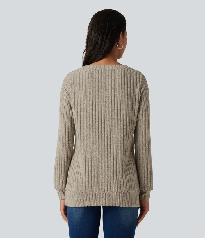 Ribbstickad V-ringad långärmad vardaglig T-shirt
