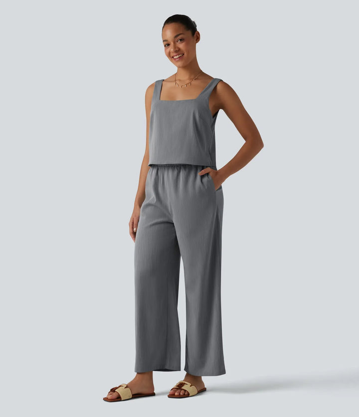 Fyrkantig halsringning ärmlös resort linnekänsla jumpsuit med fickor-Easy Peezy