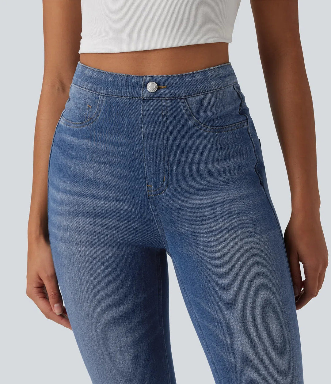 Halara Flex med hög midja och magkontroll denim vardagsleggings med fickor