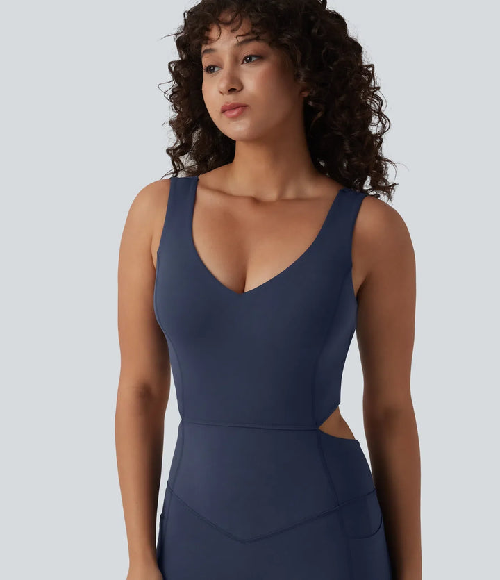 Lyckera UltraSculpt V-ringad magkontroll rumplyftande träning jumpsuit med fickor-Easy Peezy Edition