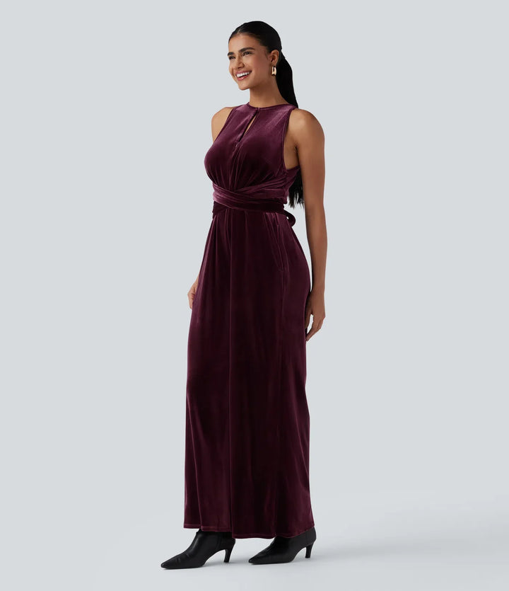 Rund hals ärmlös knytning i ryggen sammet fest jumpsuit med fickor