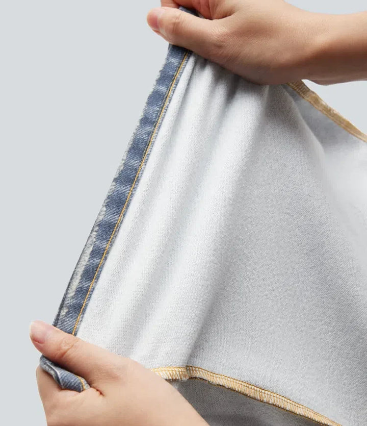 Med medelhög midja denim tryck French terry för vardag mjukisbyxor jeans med fickor
