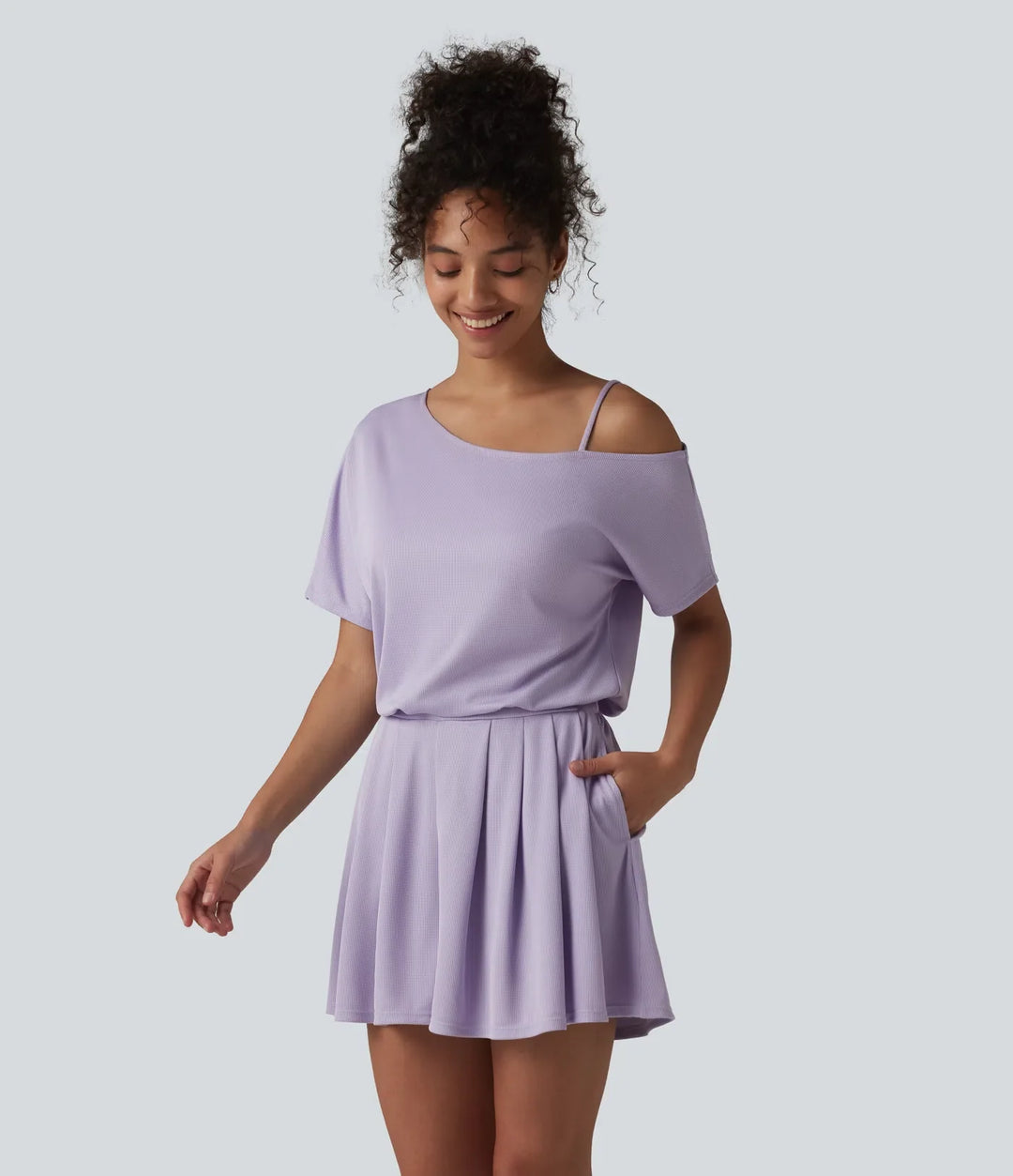 Enaxlad kortärmad veckad våffelstruktur vardaglig playsuit med fickor-Easy Peezy Edition