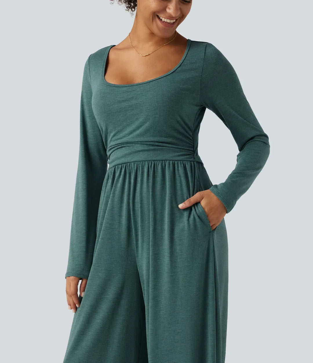 Djup rund halsringning långärmad inbyggd BH vida ben rynkat vardaglig jumpsuit med fickor-Easy Peezy Edition