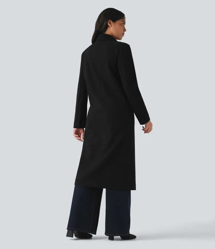 Notchkrage långärmad lång modell fleece vardaglig kappa med fickor