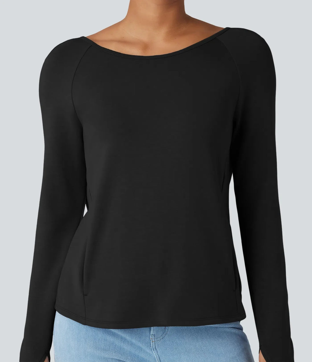 SpacerTek rygglös vriden långärmad tumhål vardaglig sweatshirt med fickor