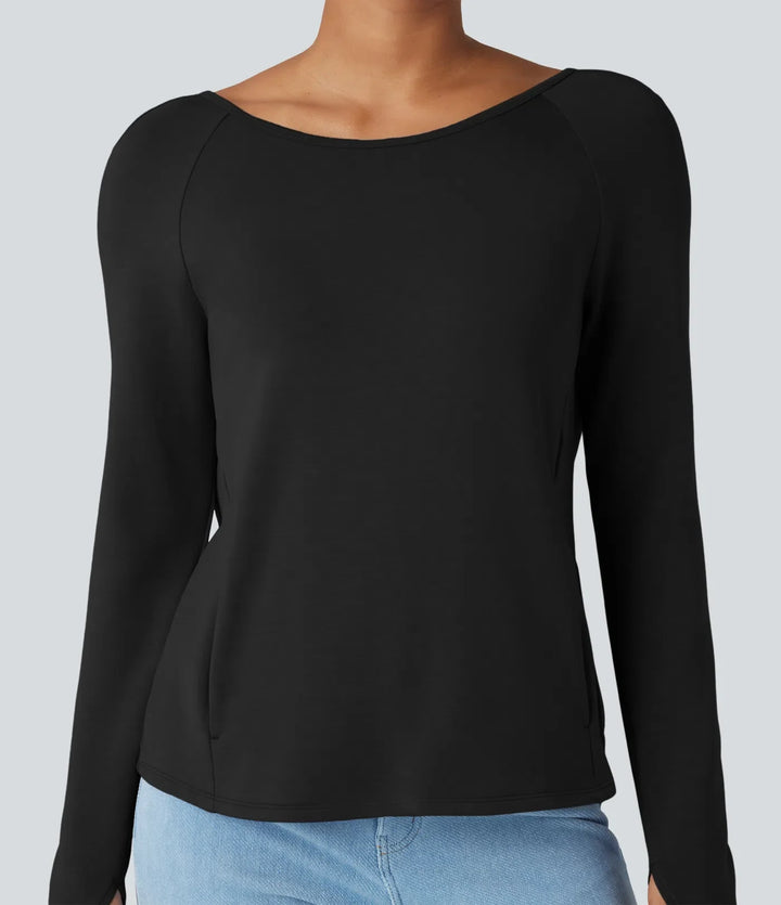 SpacerTek rygglös vriden långärmad tumhål vardaglig sweatshirt med fickor