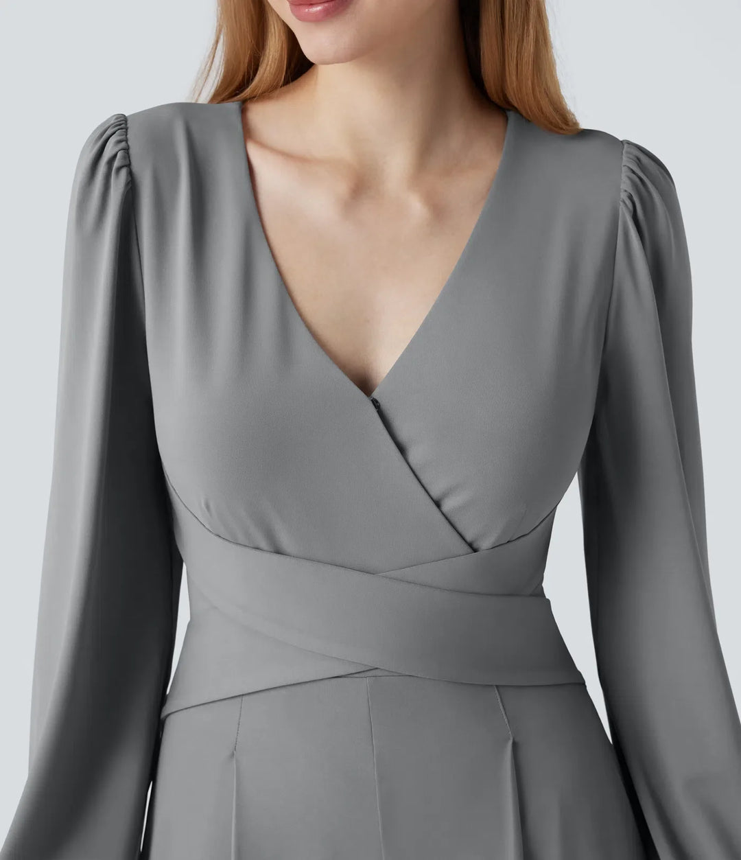 V-ringad lång puffärm crossover arbetsjumpsuit med fickor-Easy Peezy