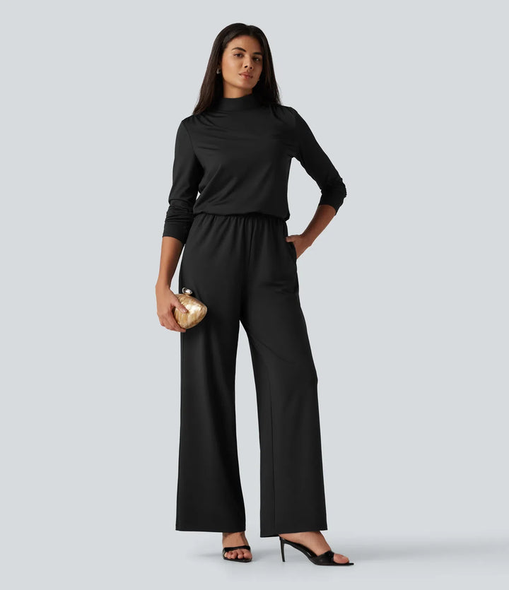 Ståkrage långärmad raka ben jumpsuit med fickor-Easy Peezy Edition