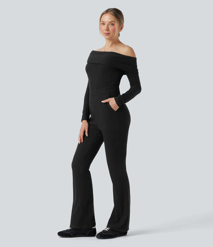 Ribbstickad vikbar bara axlar långärmad bootcut vardaglig jumpsuit med fickor-Easy Peezy Edition