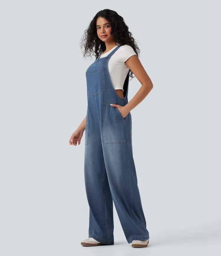 Halara Flex fyrkantig halsringning tvättad denim hängselbyxor för vardag med fickor