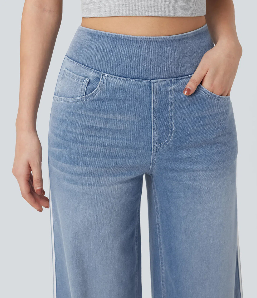 Halara Flex med hög midja rand vida ben följsam tvättad vardagsjeans med fickor
