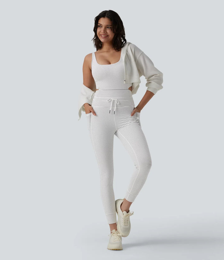 U-ringad skuren-ut dragsko magkontroll randig yoga jumpsuit med fickor-Easy Peezy Edition