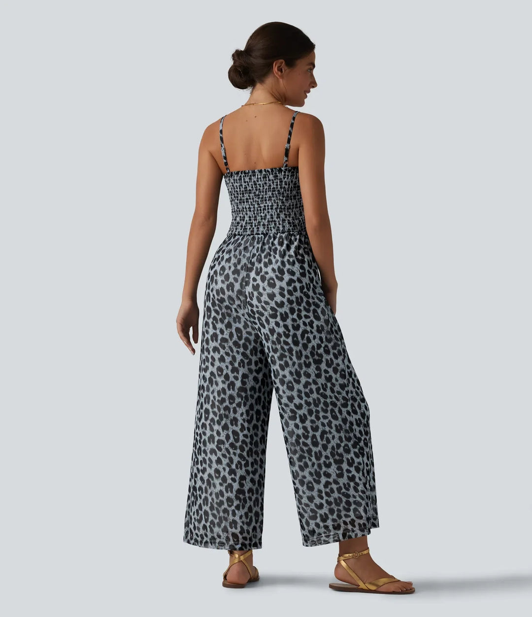 Knytning fram smockad leopard mesh vardaglig slip baggy jumpsuit med fickor