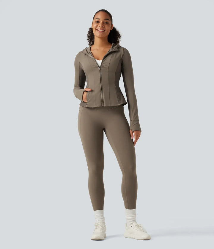 Lyckera UltraSculpt med huva långärmad volangfåll yoga träningsjacka med fickor och tumhål