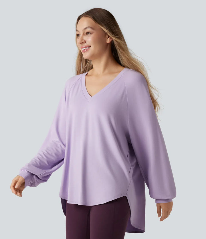 V-ringad långärmad hög-låg vardaglig sweatshirt