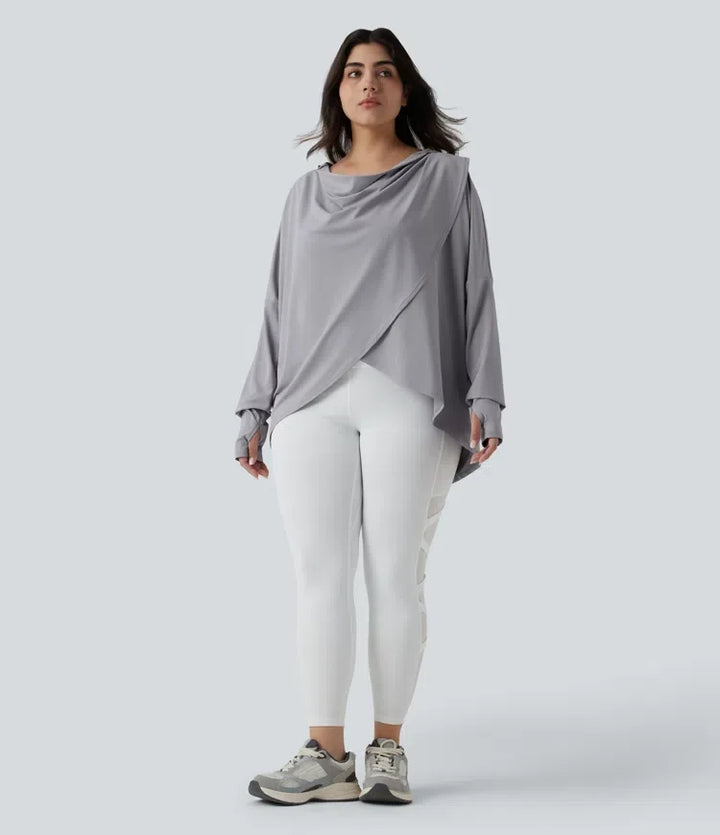 Plusstorlek med huva draperad halsringning långärmad tumhål sporttopp för yoga med fickor