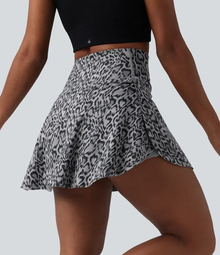 Omlott med hög midja 2-i-1 leopardmönstrad mini tenniskjol med fickor