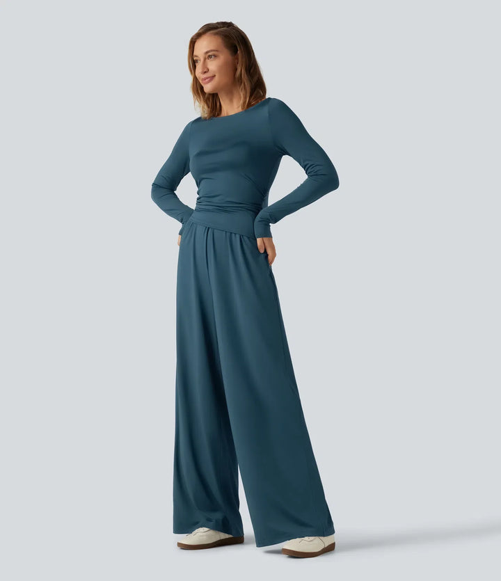 Båtringad långärmad vida ben rynkat vardaglig jumpsuit med fickor-Easy Peezy Edition