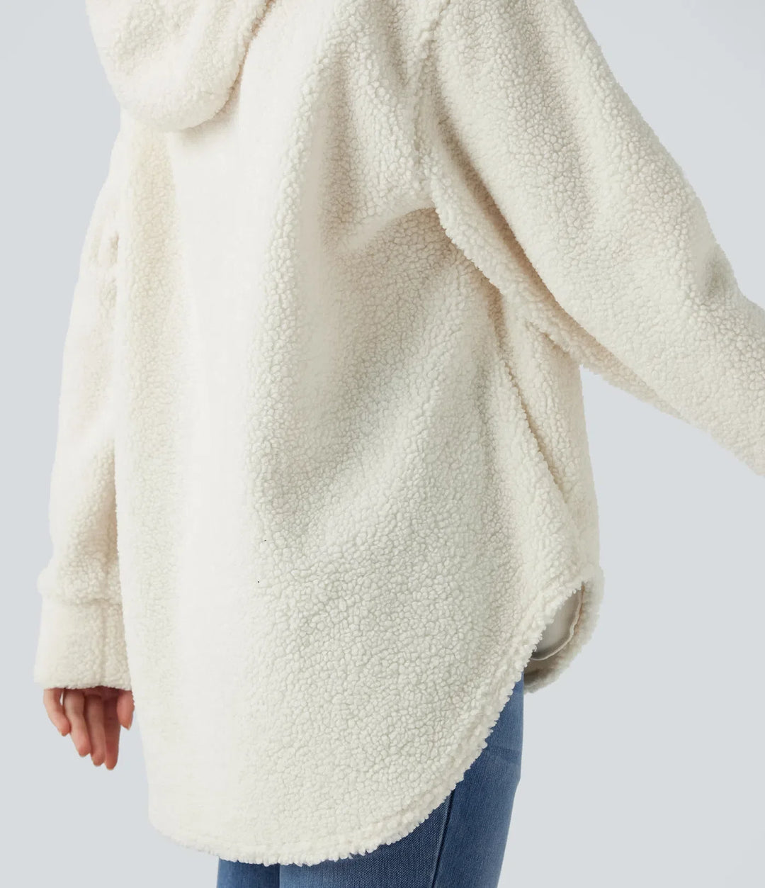 Med huva halv dragkedja rundad fåll oversized vardaglig sherpa sweatshirt med fickor