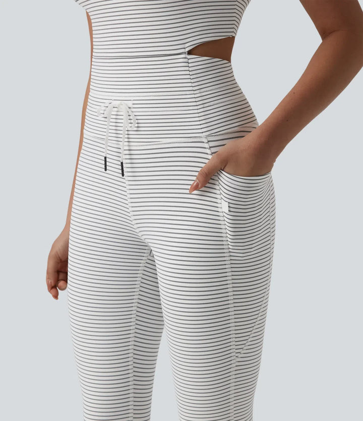 U-ringad skuren-ut dragsko magkontroll randig yoga jumpsuit med fickor-Easy Peezy Edition