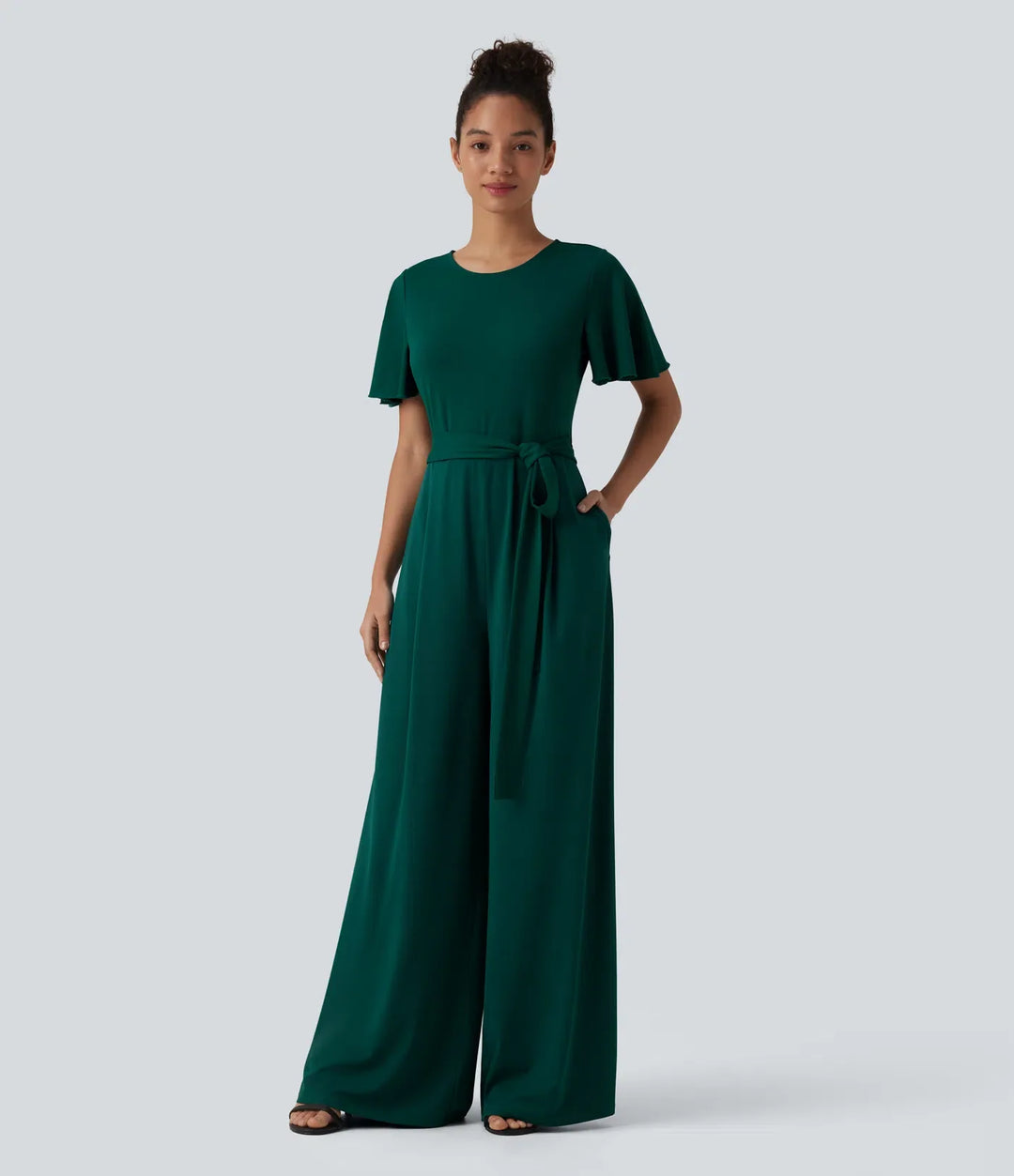 Rund hals kortärmad knytning fram vida ben jumpsuit med fickor-Easy Peezy Edition