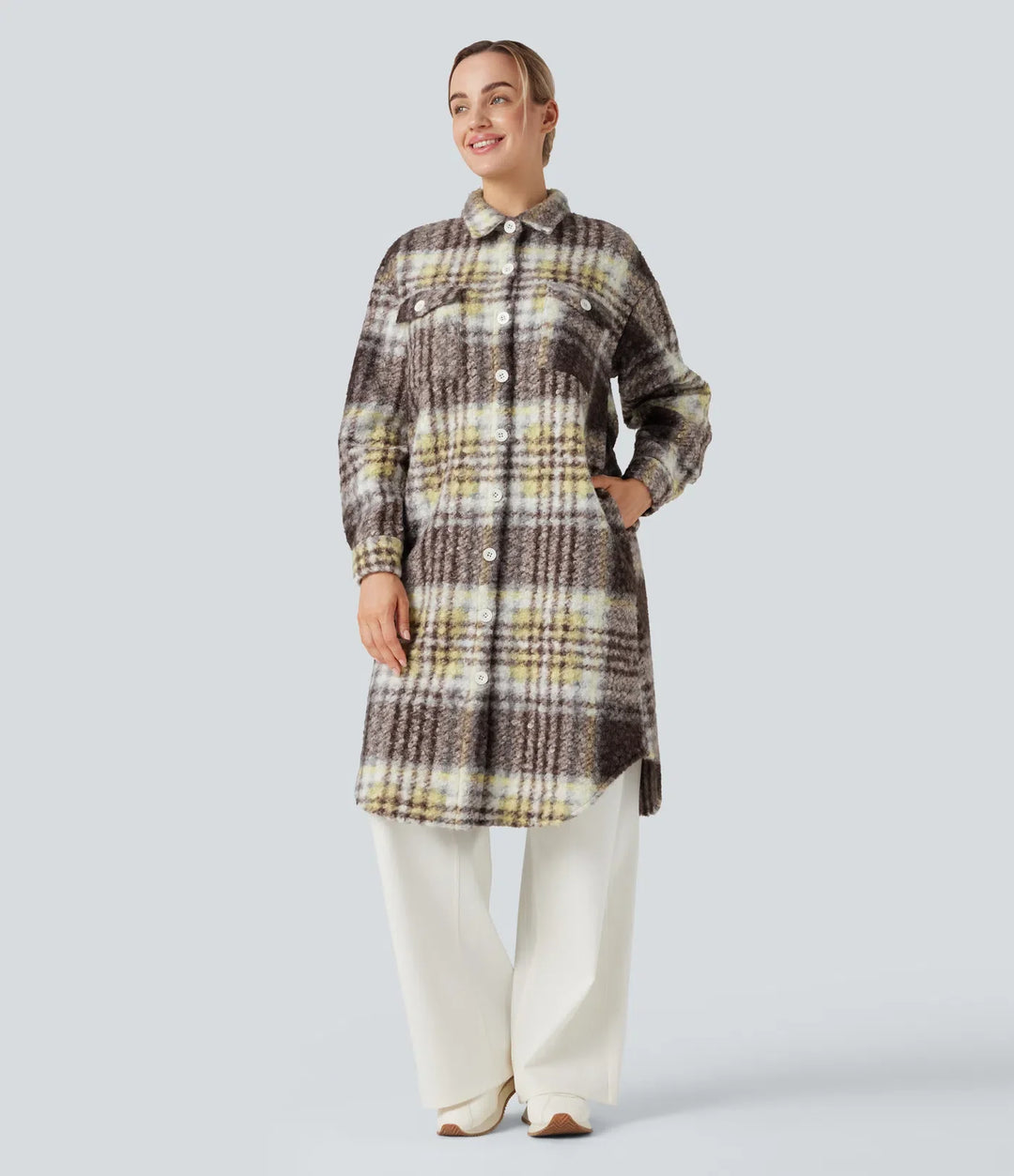Långärmad rutig lång modell vardaglig sherpajacka med fickor