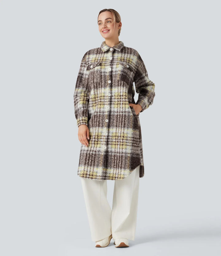 Långärmad rutig lång modell vardaglig sherpajacka med fickor