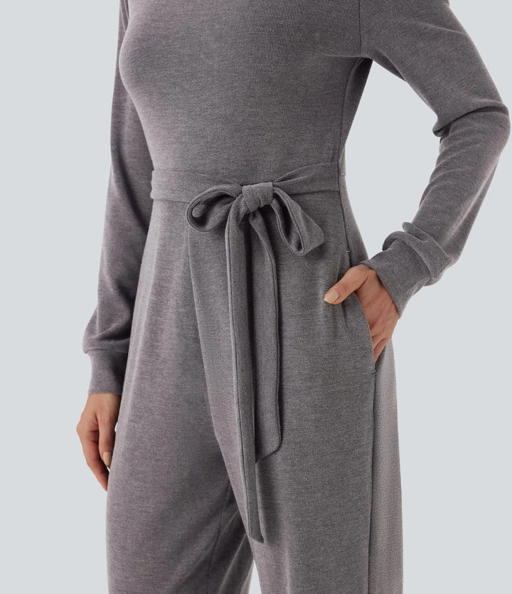 Bara axlar långärmad knyt vardaglig jumpsuit med fickor