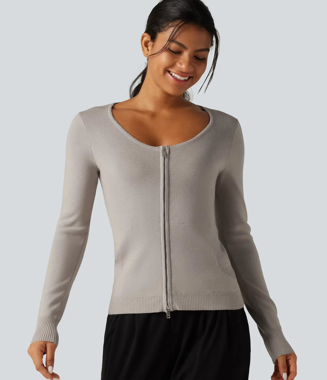 Rund hals långärmad smal lounge cardigan med fickor