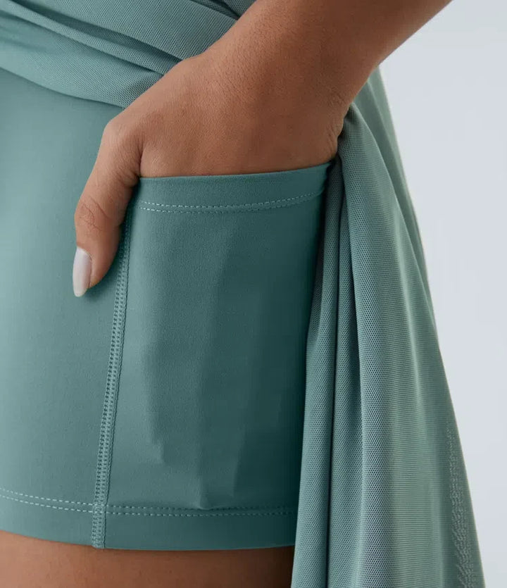 Med hög midja dragsko kontrastmesh 2-i-1 ficka följsam midi utsvängd vardagskjol